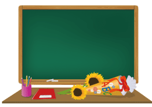 Blackboard-Teacher's desk-Pen holder-Flowers-Present