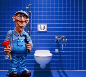 Plumber figurine holding plunger next to toilet