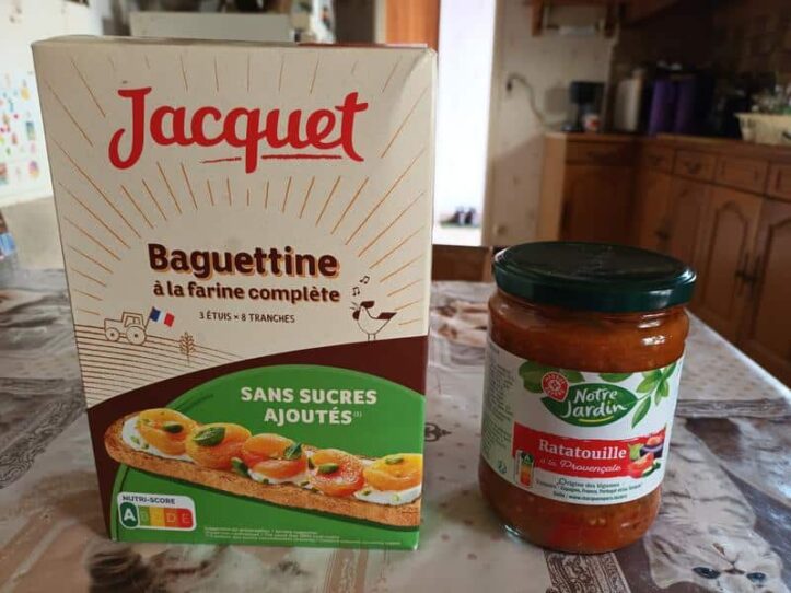 French groceries showing healthy nutriscore-jar of ratatouille-box of wholewheat French toast